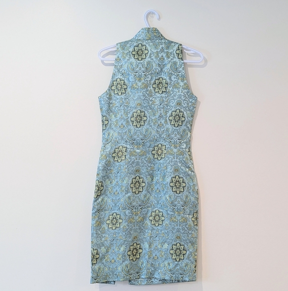 Vintage 90s Blue Floral Cheongsam Qipao Dress Fitted Sleeveless Chinese Lunar - Picture 8 of 16